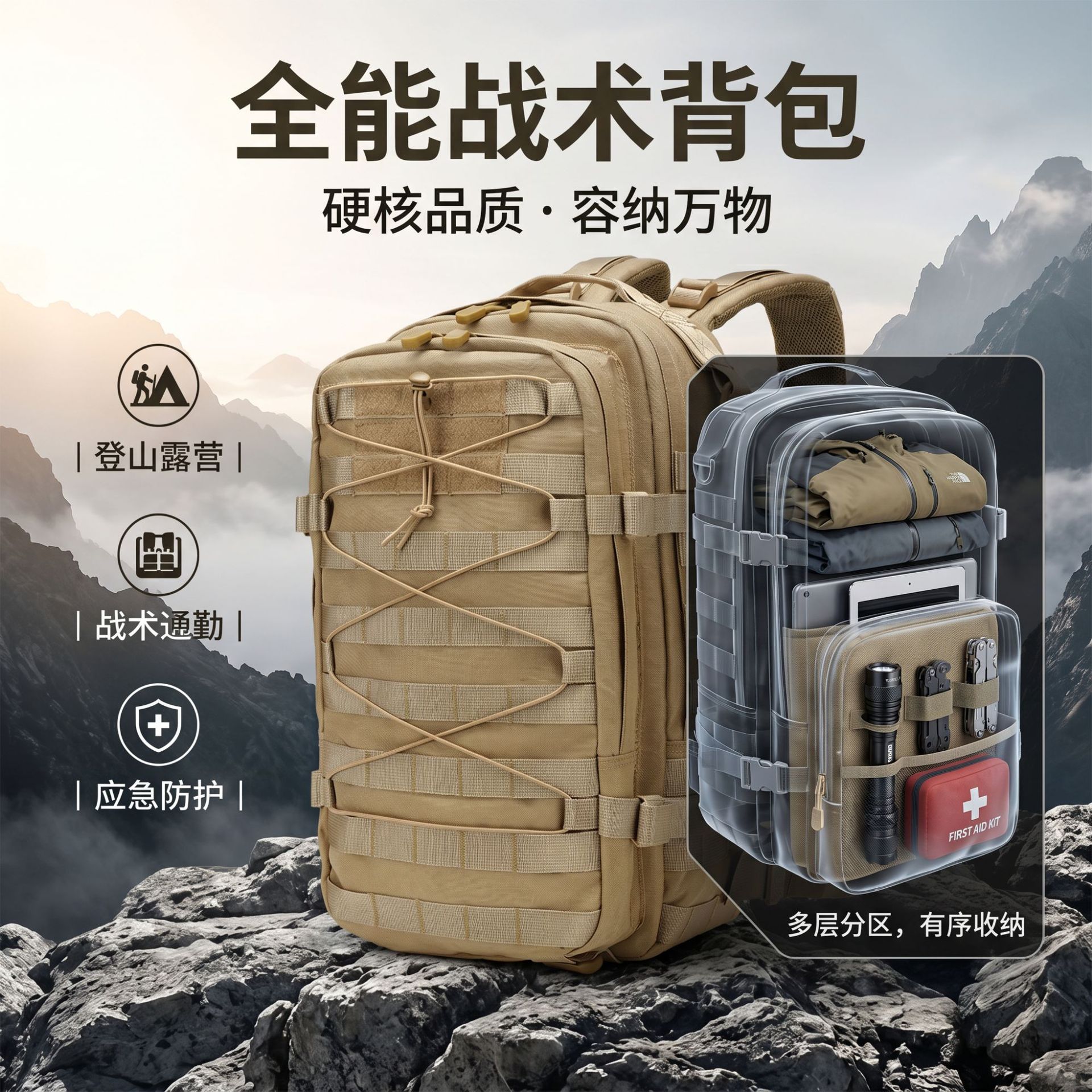 Mochila Táctica de Montañismo 1000D de Poliéster Impermeable para Acampar y Senderismo
