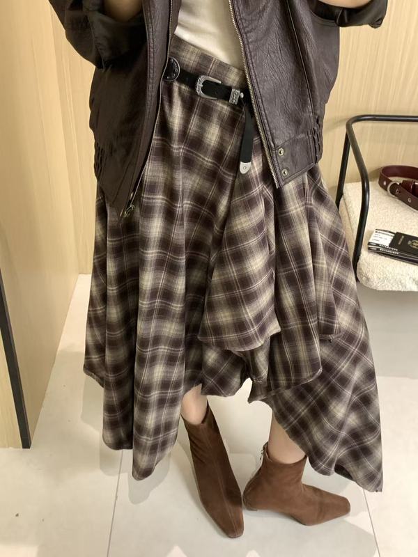 复古格纹不规则半身裙女25秋季慵懒宽松休闲A字长裙女韩系 简约感|undefined