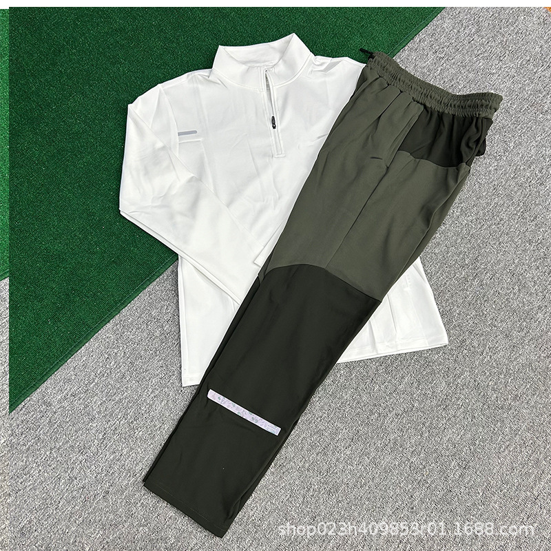 Primavera y otoño marca de moda rápida secado deportivo manga larga set de hielo transpirable medio cuello de altura cremallera entrenamiento de ocio pantalones largos