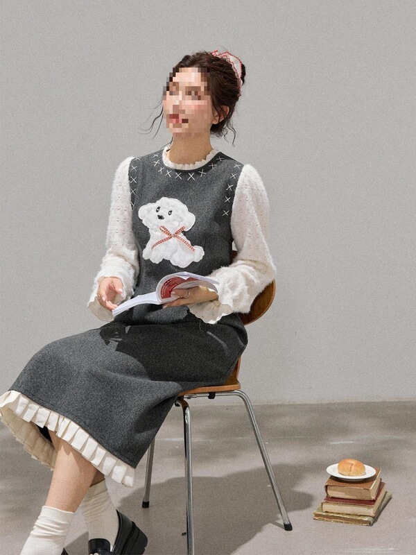 Plus Size Women's Fat Girl Gray Puppy Knitted Vest Fake Two-Piece Dress