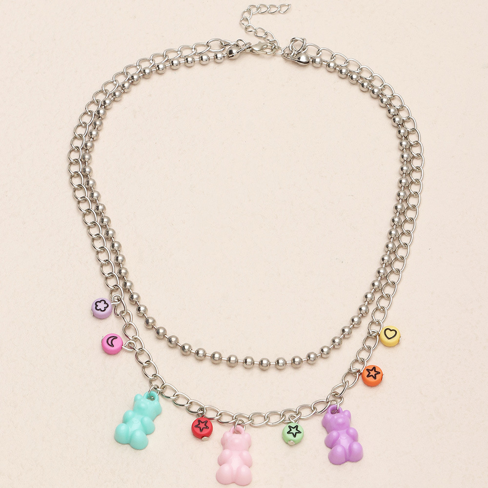 Korean cute colorful bear necklace DIY personality round bead clavicle chainpicture5