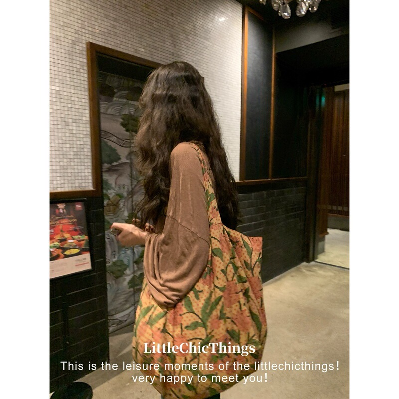 Littlechicthings Original Early Autumn Khaki Pink Floral Contrasting Polka Dot Large Capacity Versatile Shoulder Bag