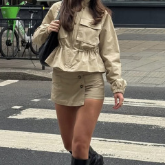 亚马逊美式复古风工装口袋拉链立领外套女秋抽绳收腰气质时尚女装
