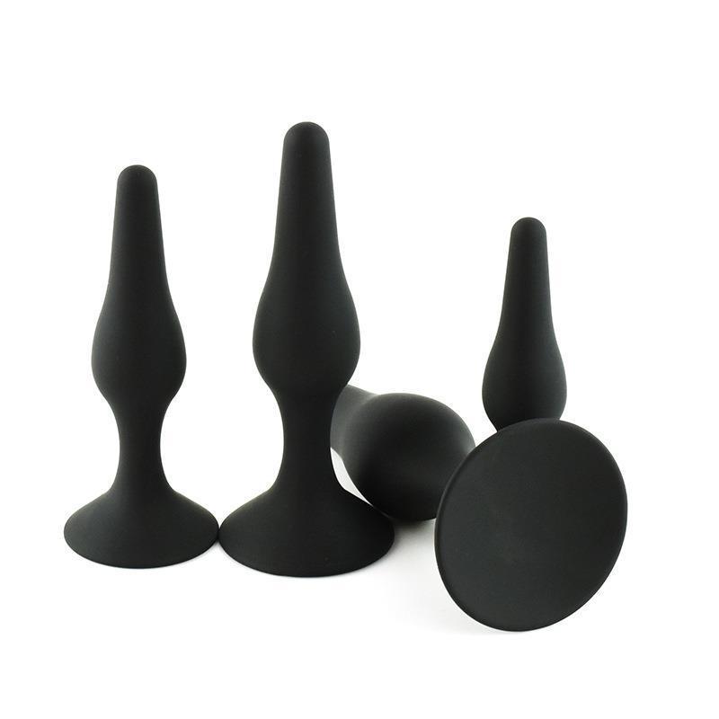 Silicone Anal Plug 4-Piece Set with Suction Cups, Black Body-Safe Training Kit — detail image 5