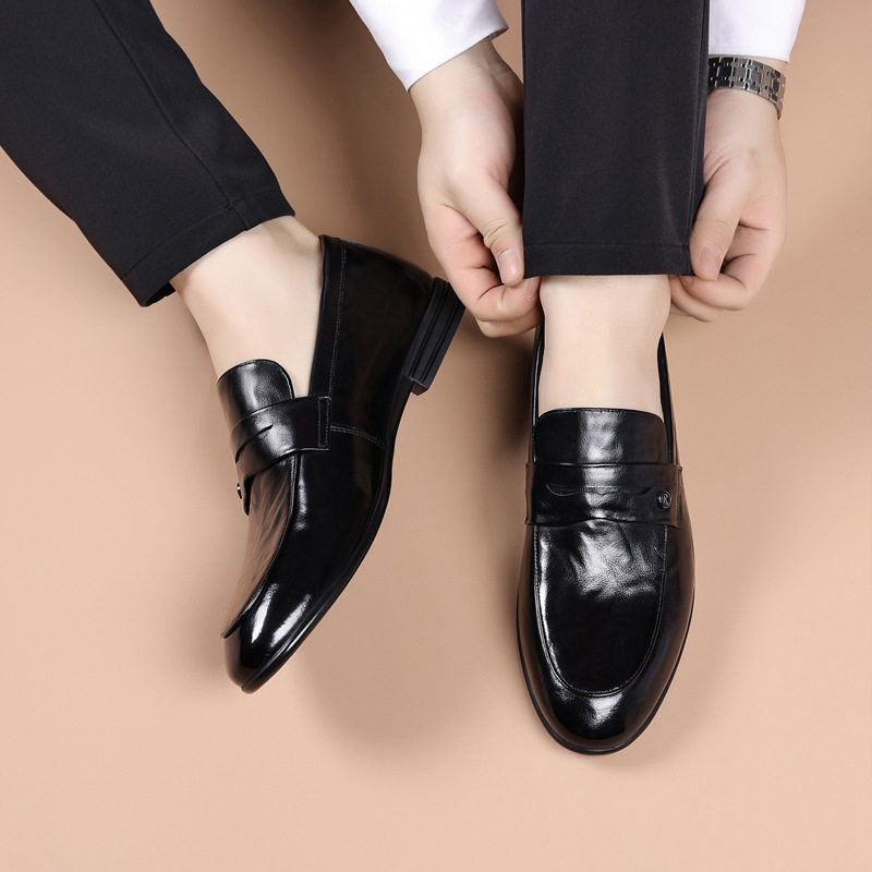 Giày lười nam da bò thật mũi nhọn, đế bằng gót thấp, kiểu xỏ chân thoải mái — Màu nâu, màu đen