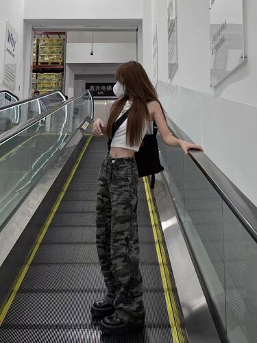 Autumn American Retro Camouflage Work Jeans for Women, Slimming High-Waisted Straight Leg Loose Wide Leg Pants Trendy