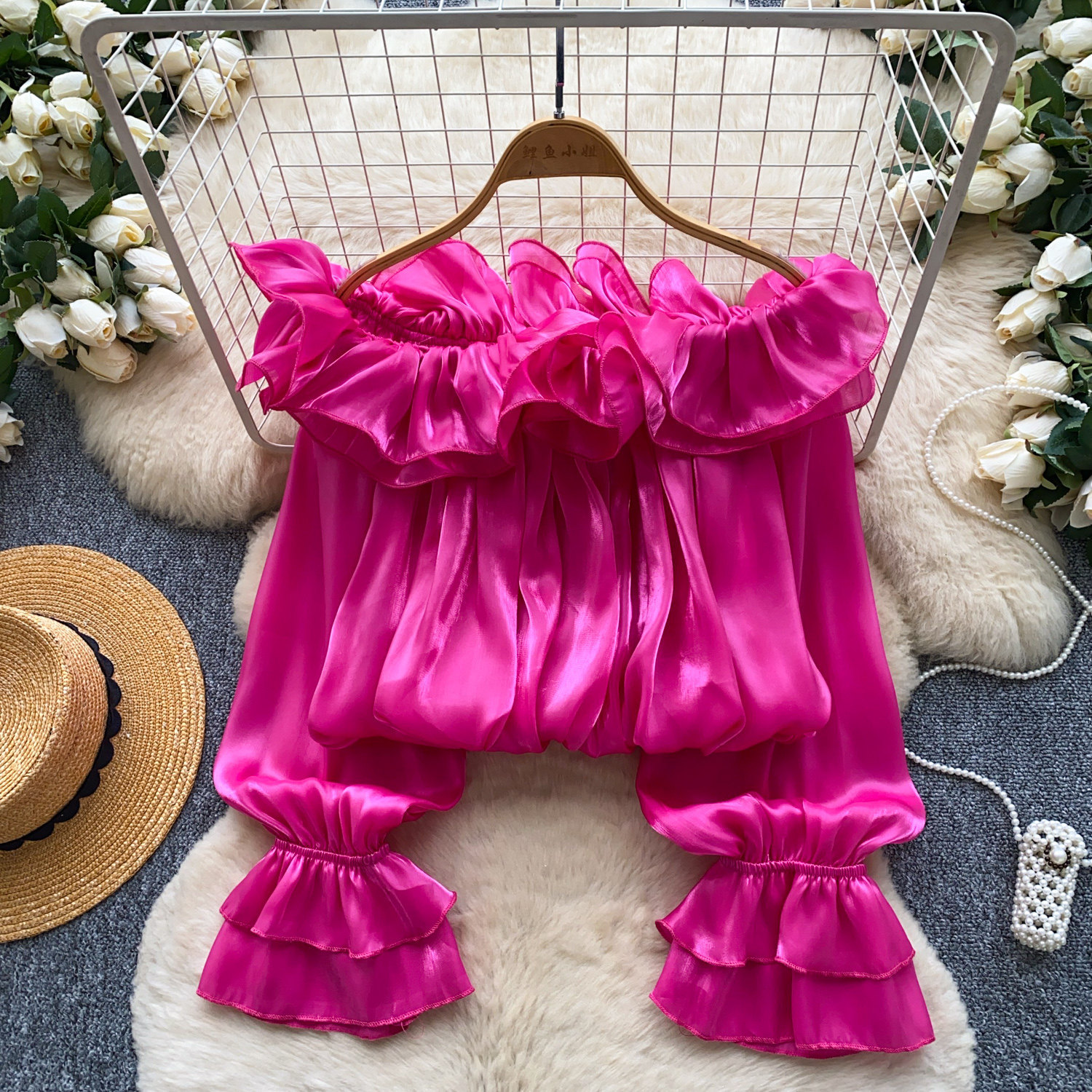 Sweet Off-Shoulder Chiffon Blouse Ruffled Trim Korean Style Long Sleeves Loose Fit Slimming Pink Elegant Top for Summer Women's Clothing_ecoleips.com