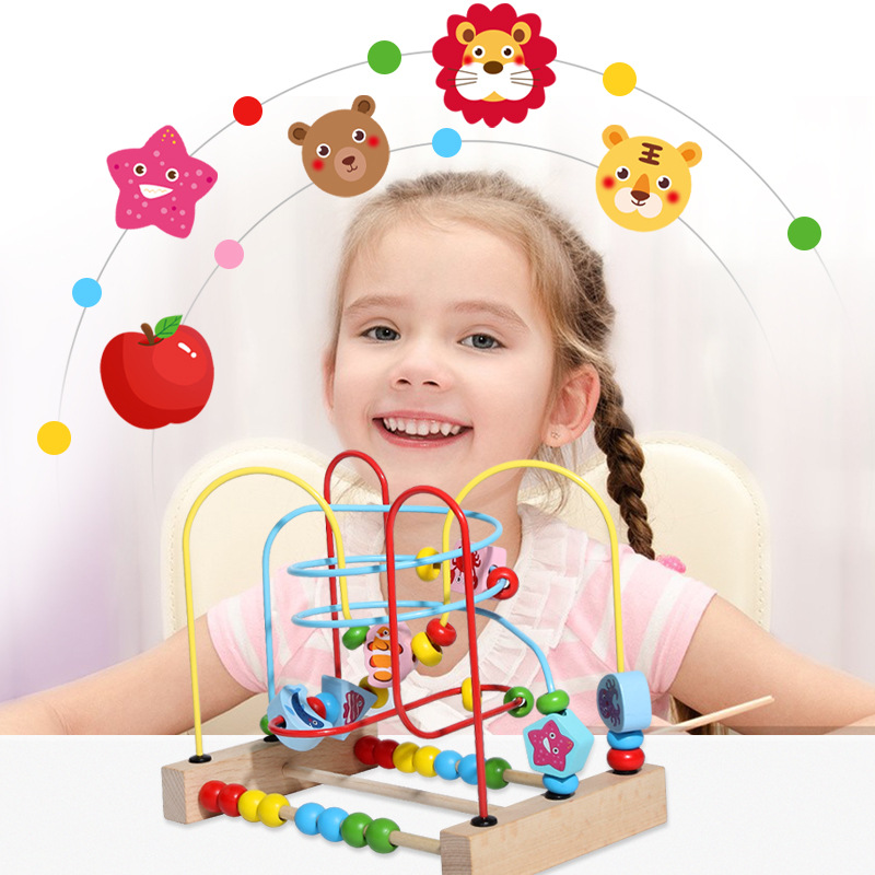 Animales de madera de dibujos animados de frutas alrededor de perlas para niños y niñas para la educación temprana de bloques de construcción para bebés mano y ojo coordinación juguetes de ejercicio