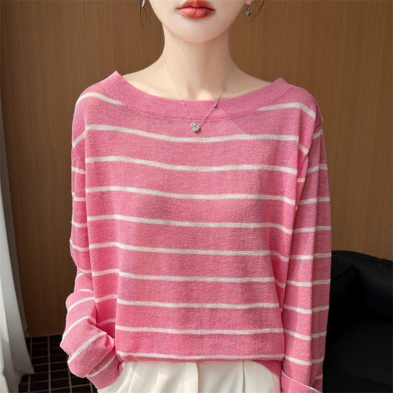 Striped Thin Bamboo Linen Off-Shoulder Knit Top for Women, Spring/Summer Lazy Style, Sun-Protective Cover-Up Striped Thin Bamboo Linen Off-Shoulder Knit Top for Women, Spring/Summer Lazy Style, Sun-Protective Cover-Up