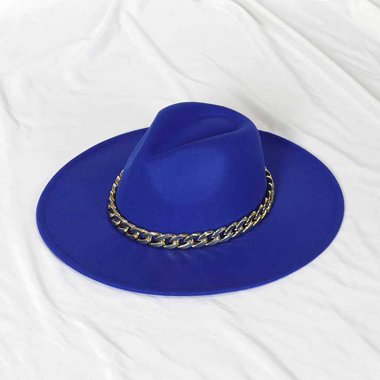 Sombrero de jazz con cadena dorada, sombrero francés vintage de ala ancha en forma de corazón para mujer, sombrero de fieltro oversize.