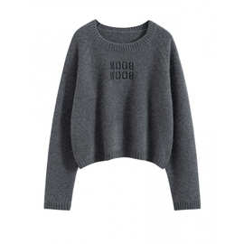 三股加厚100%纯山羊绒圆领短款套头字母刺绣针织上衣女高级绒中情