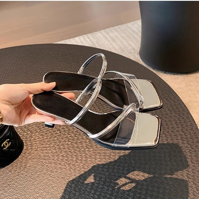 Grava Madre Seúl hermana ~ temperamento cuadrado transparente con dedos desnudos tacones de zapatillas frías de verano