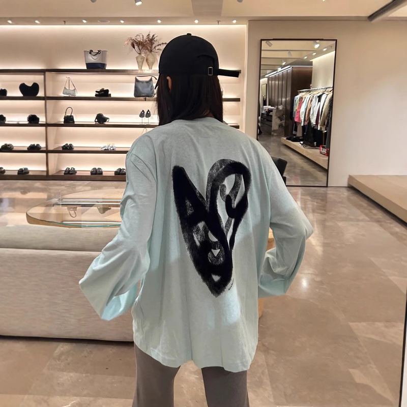 2025 Early Spring New Limited Edition Love Graffiti Print Flocking Letters Round Neck Loose Long Sleeve Cotton Linen T-shirt Trendy