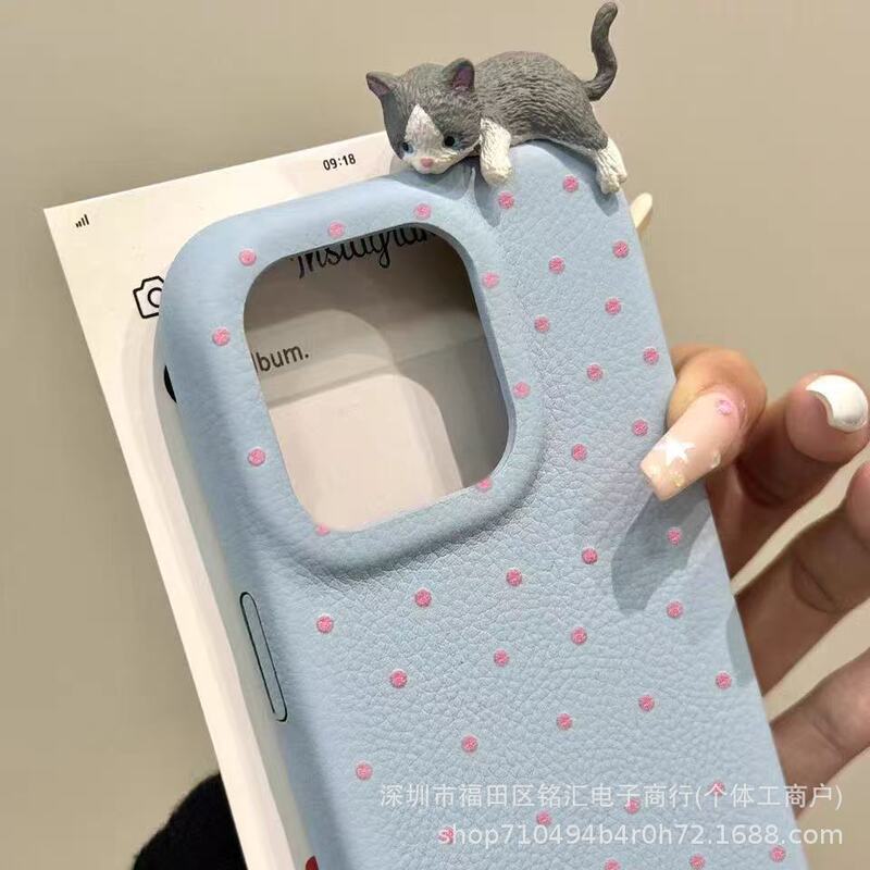 かわいい立体猫 iphone16 携帯電話ケース Apple 15promax シンプル水玉 13 ソフト 14 に適しています|undefined