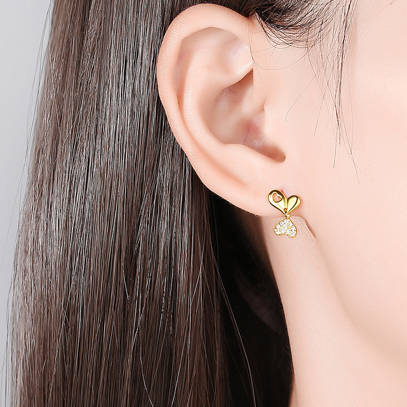 Pendientes creativos del perno prisionero del amor de las mujeres de la plata esterlina S925 estilo coreano diseño en forma de corazón doble Pendientes largos incrustados en diamantes Estilo rojo neto simple