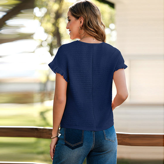 2025 Summer Thin Pleated Texture Short Sleeve T-Shirt for Women European and American Casual Versatile Ruffled Three-Quarter Sleeve Top for Women