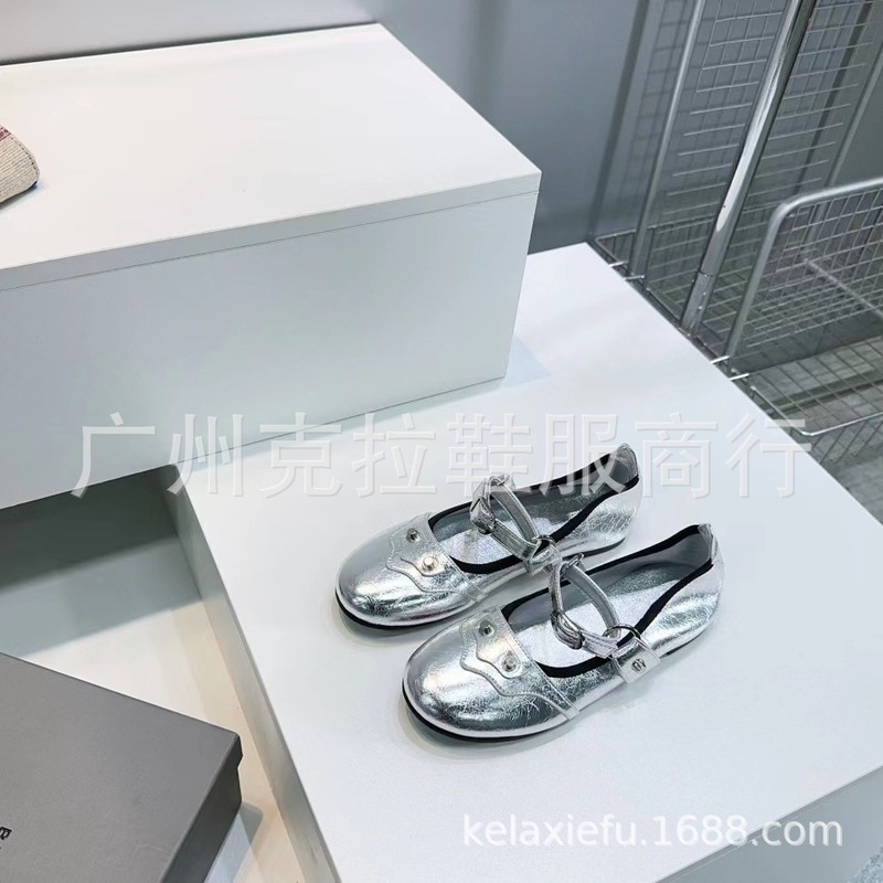 Haute Couture 2025 春の新作本革ラウンドトゥ浅い口メタルリベットワンラインベルトバックルフラットシューズバレエシューズ|undefined