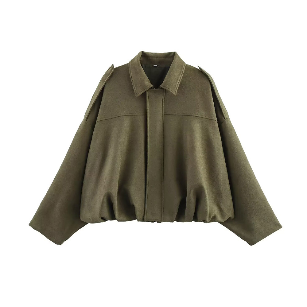 European and American Spring and Autumn New Women's Suede Texture Lapel Bomber Long-Sleeve Short Jacket