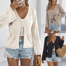 2026春夏休闲纯色镂空系带喇叭袖针织衫度假开衫 亚马逊跨境女装
