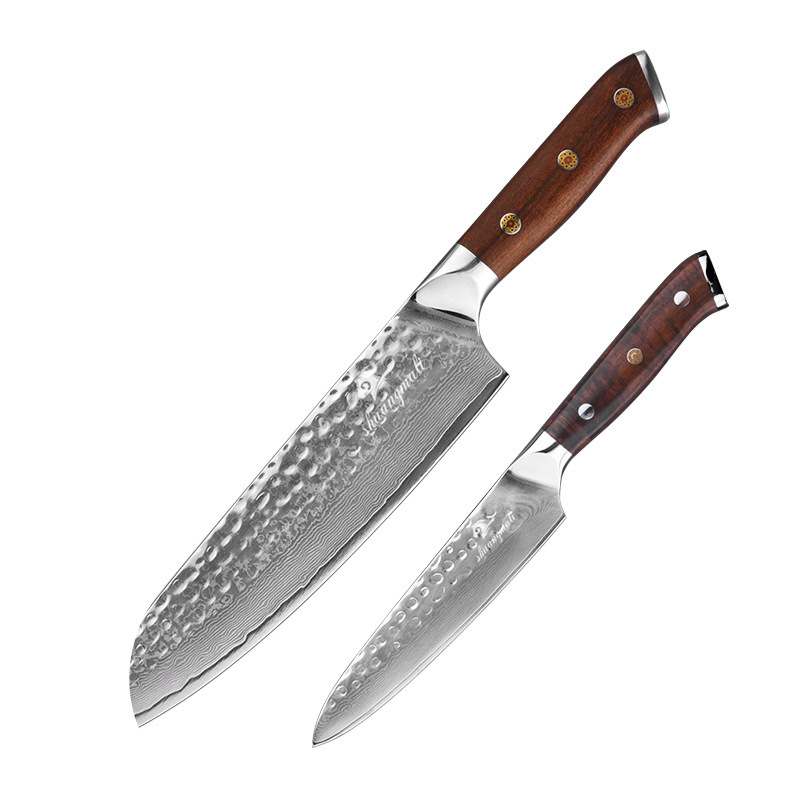 Juego de cuchillos de chef de 8 pulgadas y cuchillo multiusos de 5 pulgadas de acero de Damasco con patrón martillado de dos piezas, mango de madera de hierro arenado, caja de regalo para envío transfronterizo.