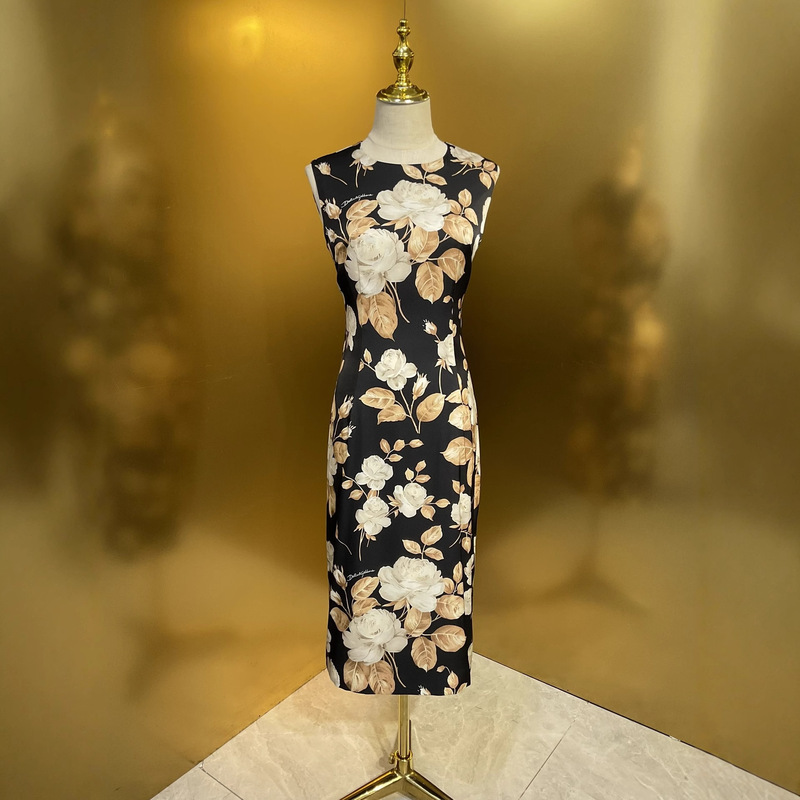 Black Background Print 19mm Silk Double-Jo Sleeveless Silk Dress for Women, French Retro Elegant Goddess Style