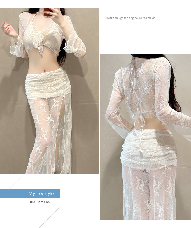 Women's Slim Fit Bikini Swimsuit Four Piece Set Pure Sexy Long Sleeve Top With Lace Detailing Hot Spring Swimsuit_ecoleips.com