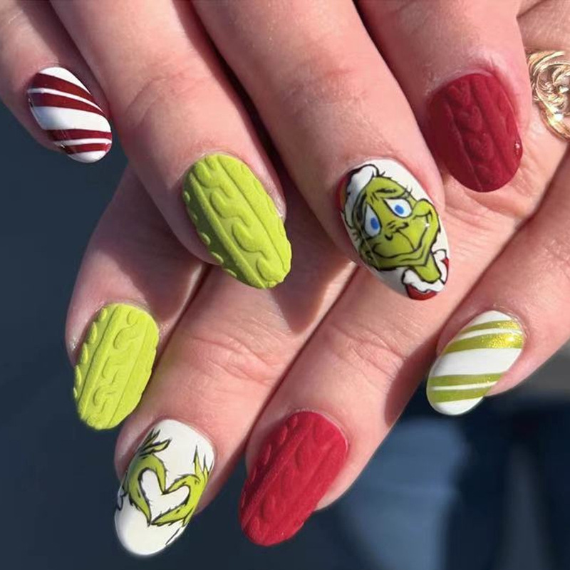 Christmas Green Red Embossed Simple Sweater Design Cartoon Green Its Striped Short Oval Wear Nail Art Patch