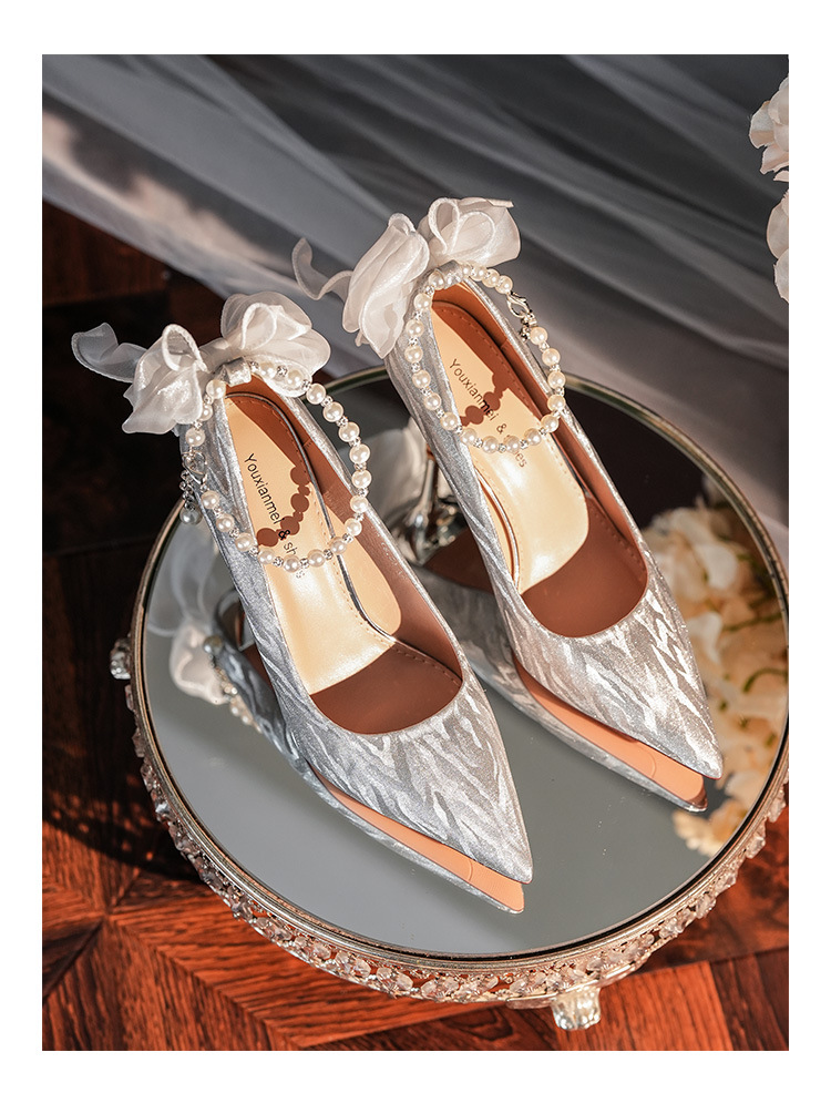 6681-58-041 Pointed Toe Stiletto Heel Shallow Mouth Women's High Heels French Bow Elegant Socialite Wedding Shoes_voghion.com
