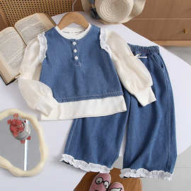 女童牛仔套装春秋季2025新款儿童小香风阔腿裤女宝宝韩版三件套潮