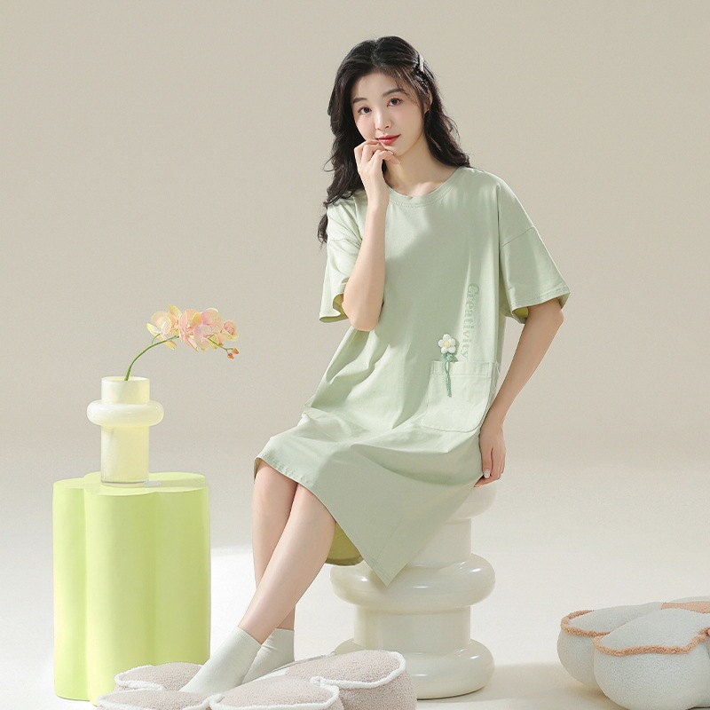 Antibacterial Cotton Summer Short-Sleeved Nightgown for Women Summer Thin Cartoon Loose Casual Plus Fat Plus Size Maternity Pajamas
