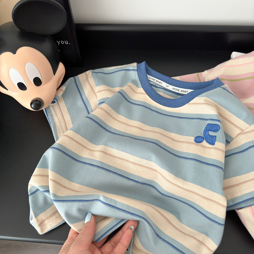 Children's T-Shirt 2026 Summer New Stylish Short-Sleeve T-Shirt for Boys and Girls, Embroidered Striped Top for Toddlers and Young Children, Baby Base Layer