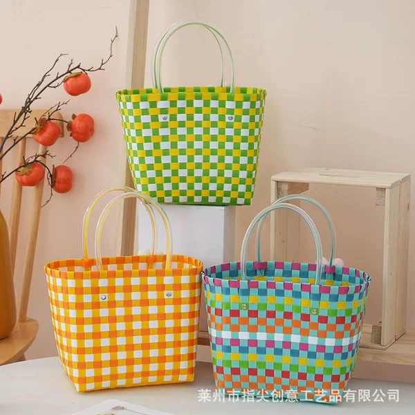 Color Hand-woven Plastic Woven Bag Women's Travel Plastic Woven Bag Accompanying Gift Plastic Woven Small Square Bag Handmade Beach Bag