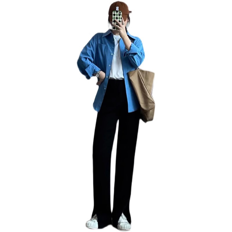 Corea delantera horquilla estrecha pantalones de piernas anchas mujeres pequeñas primavera y otoño recto negro cintura alta sensación de invierno pantalones de traje de invierno