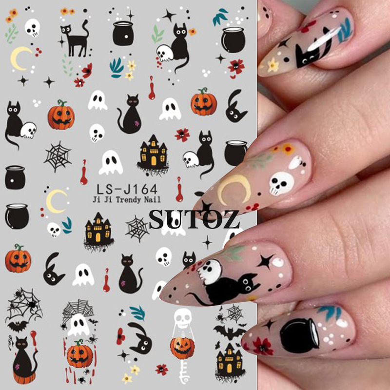 Cross-Border New Nail Art Stickers Halloween Black Cat Pumpkin Lantern Devil's Eye 3D Adhesive Nail Decals