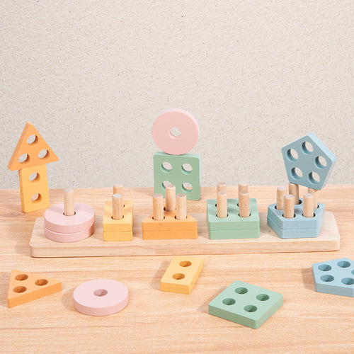 Cross-border wooden children's early education Montessori geometric shapes five sets of column shapes matching hand-eye coordination educational toys
