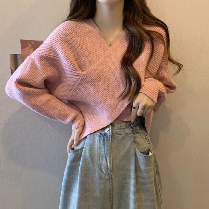 不规则交叉v领套头毛衣女秋冬内搭宽松慵懒短款针织衫上衣设计感|undefined