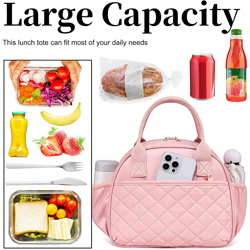 Nueva bolsa de almuerzo para mujer, caja de almuerzo de aislamiento de doble capa, bolsa de mano de almuerzo de plumón acolchada, bolsa de aislamiento duradera a prueba de fugas