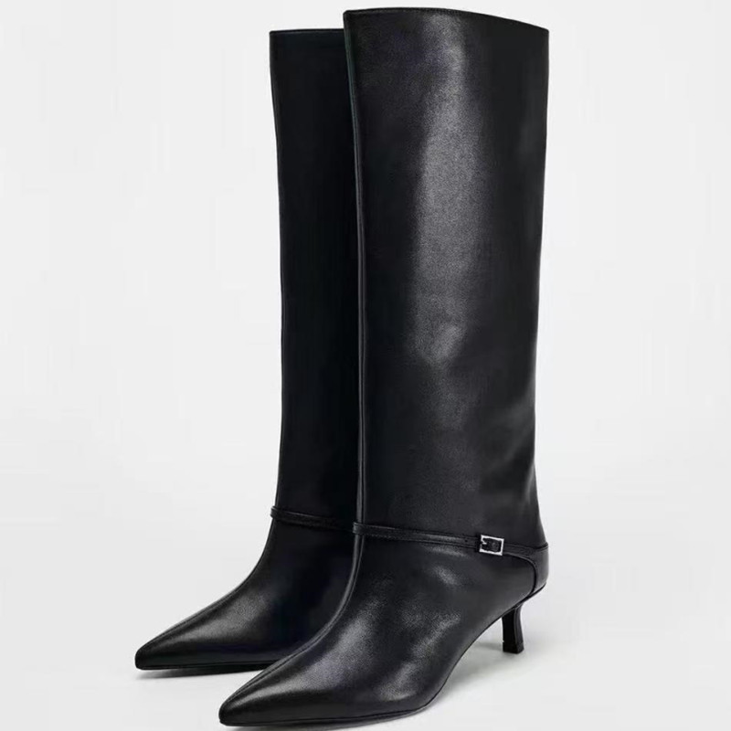 Za European and American Export Pointed Toe Side Zipper Belt Buckle Stiletto Knight Boots Large Size Sexy High Fashion Women's Knee-High Boots