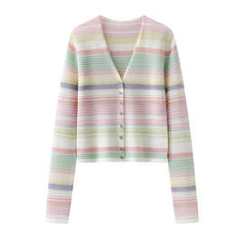 现货2026春新款甜美风V领彩条纹长袖针织开衫上衣3K1YE39