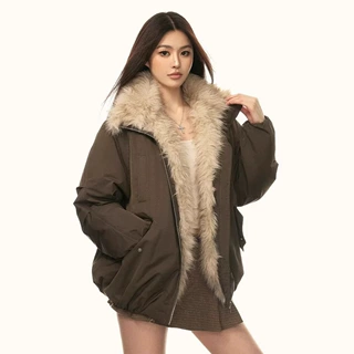 美式复古毛领棉服外套女款2025冬季新款休闲百搭宽松加厚保暖棉袄