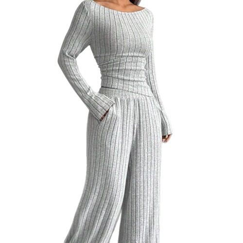 Two-Piece Set of Loose High-Neck Knit Long-Sleeve Trousers with Side Waist Adjustment, Pure Color for Autumn and Winter Leisure in Europe and America