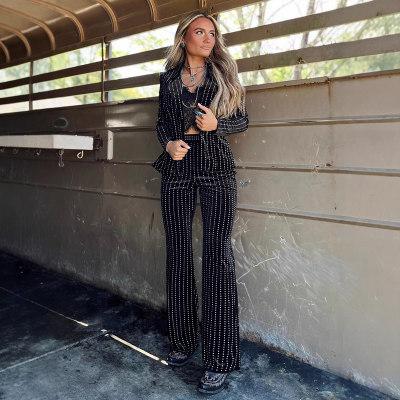 Cross-Border Hot Diamond Velvet Suit Pants Suit 2025 New Women's Clothing European and American One-Button Long-Sleeved Jacket Casual Pants