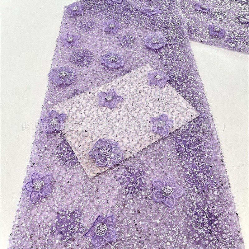 Moda full sequinilla tubo de perlas bordado tela de encaje estereoscópico mano calcomanías tela de vestido de boda alta fijación