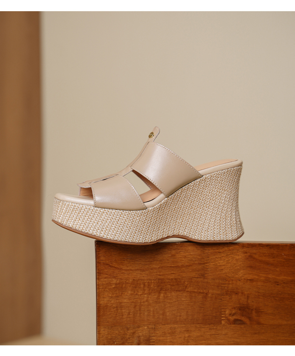Sandal cao gót nữ hở mũi phong cách Bohemian đế xuồng đan dây — màu nâu, màu mơ chi tiết 13