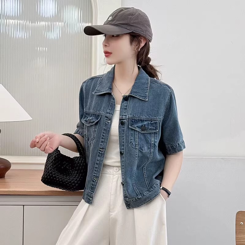 New Style Soft Drapey Lyocell Fiber Tencel Short-Sleeved Denim Jacket for Women, Short Summer Short-Sleeved Jacket Top