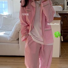~~~~~韩国小众  fever同款撞色边粉色条纹100棉衬衫睡衣套装
