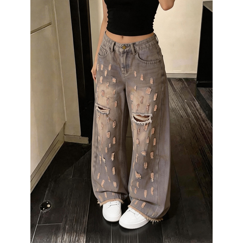 Y2K Millennial Hot Girl Ripped Jeans for Women, American High Street Vintage Washed Loose Straight Wide-Leg Pants Y2K Millennial Hot Girl Ripped Jeans for Women, American High Street Vintage Washed Loose Straight Wide-Leg Pants