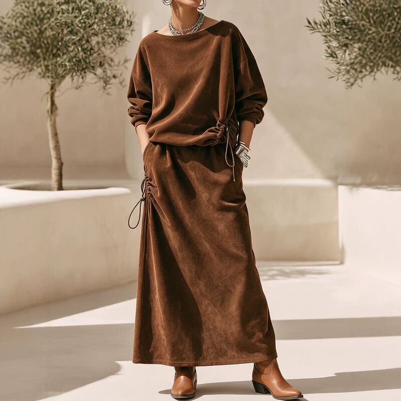 New autumn/winter European and American style women's suit, featuring a retro Western-inspired design with faux suede, a round neckline, and long sleeves, in a sweatshirt dress set New autumn/winter European and American style women's suit, featuring a retro Western-inspired design with faux suede, a round neckline, and long sleeves, in a sweatshirt dress set
