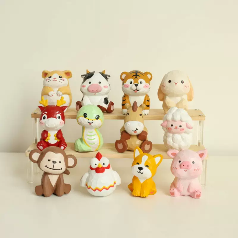 木雕十二生肖 桌面车载卡通摆件木小小原创工艺品手工礼物