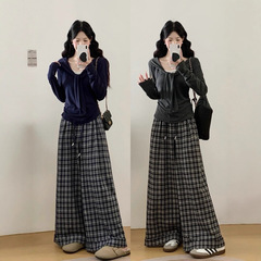 2025年松弛感休闲假两件拼接撞色修身上衣+复古格子慵懒风阔腿裤